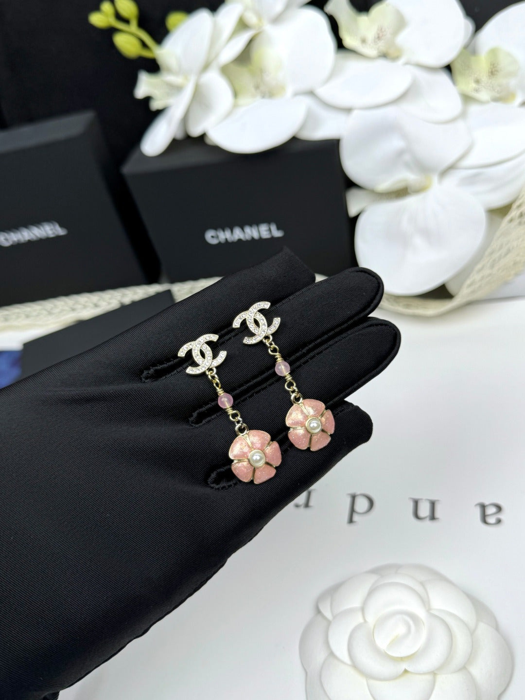 [Eterna Jewels]26C Pink Camellia Enamel Pendant with Double C Earrings