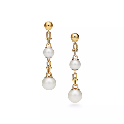 [Eterna Jewels]TRIPLE DROP LINK EARRINGS GOLD WITH FRESHWATER PEARLS