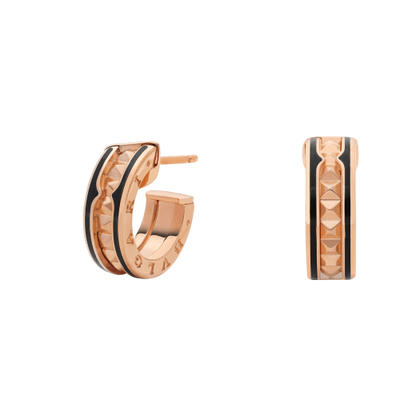 [Eterna Jewels]ZERO 1 ROCK PINK GOLD EARRINGS WITH STUDDED SPIRAL AND BLACK CERAMIC