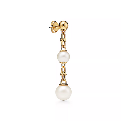 [Eterna Jewels]TRIPLE DROP LINK EARRINGS GOLD WITH FRESHWATER PEARLS